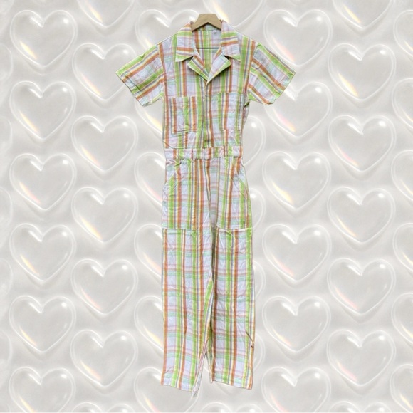 Big Bud Press Spring Rainbow Plaid Short Sleeve Jumpsuit Size M - Picture 1 of 7